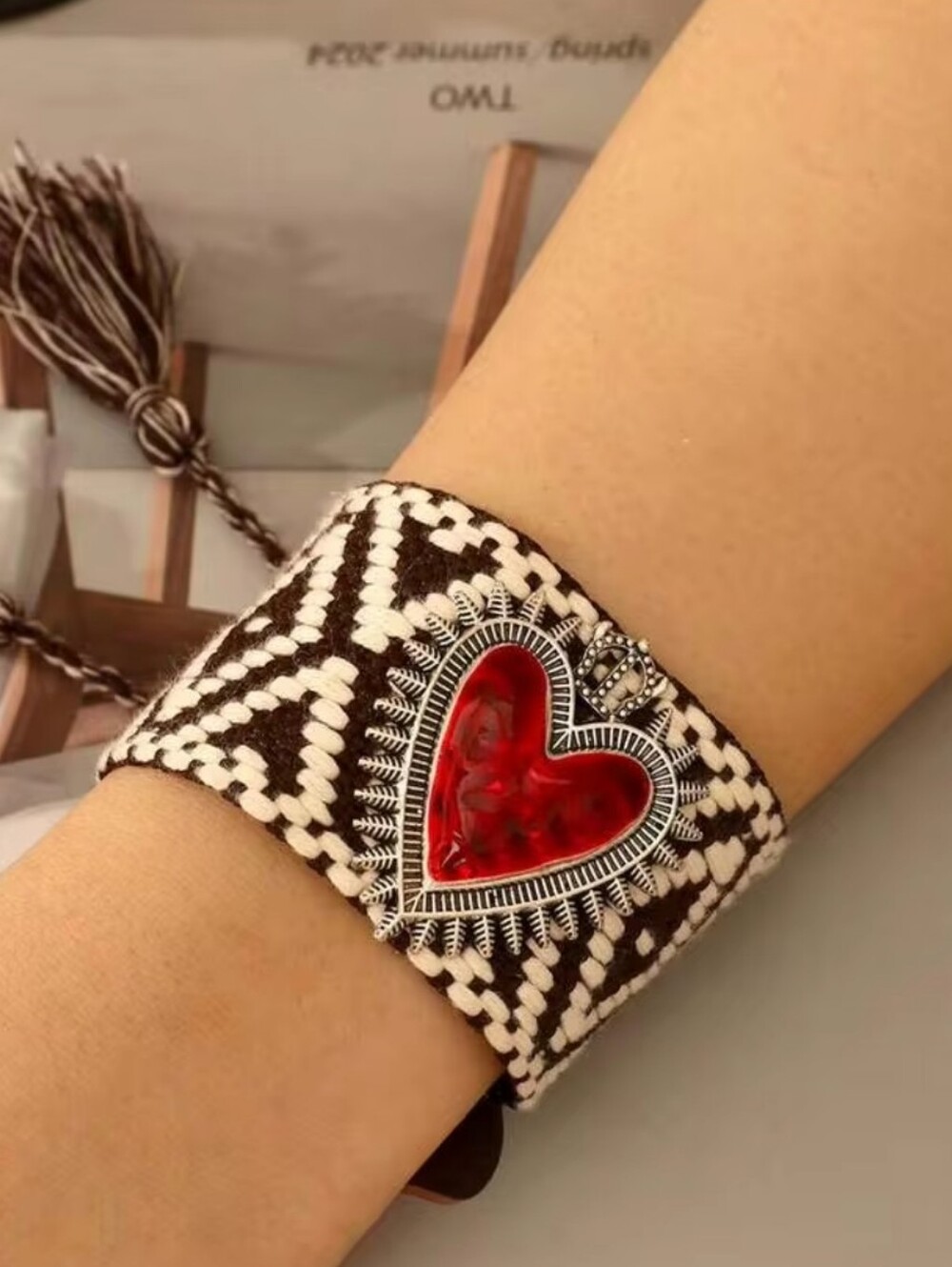 Red Heart Woven Cuff Bracelet With Tassel